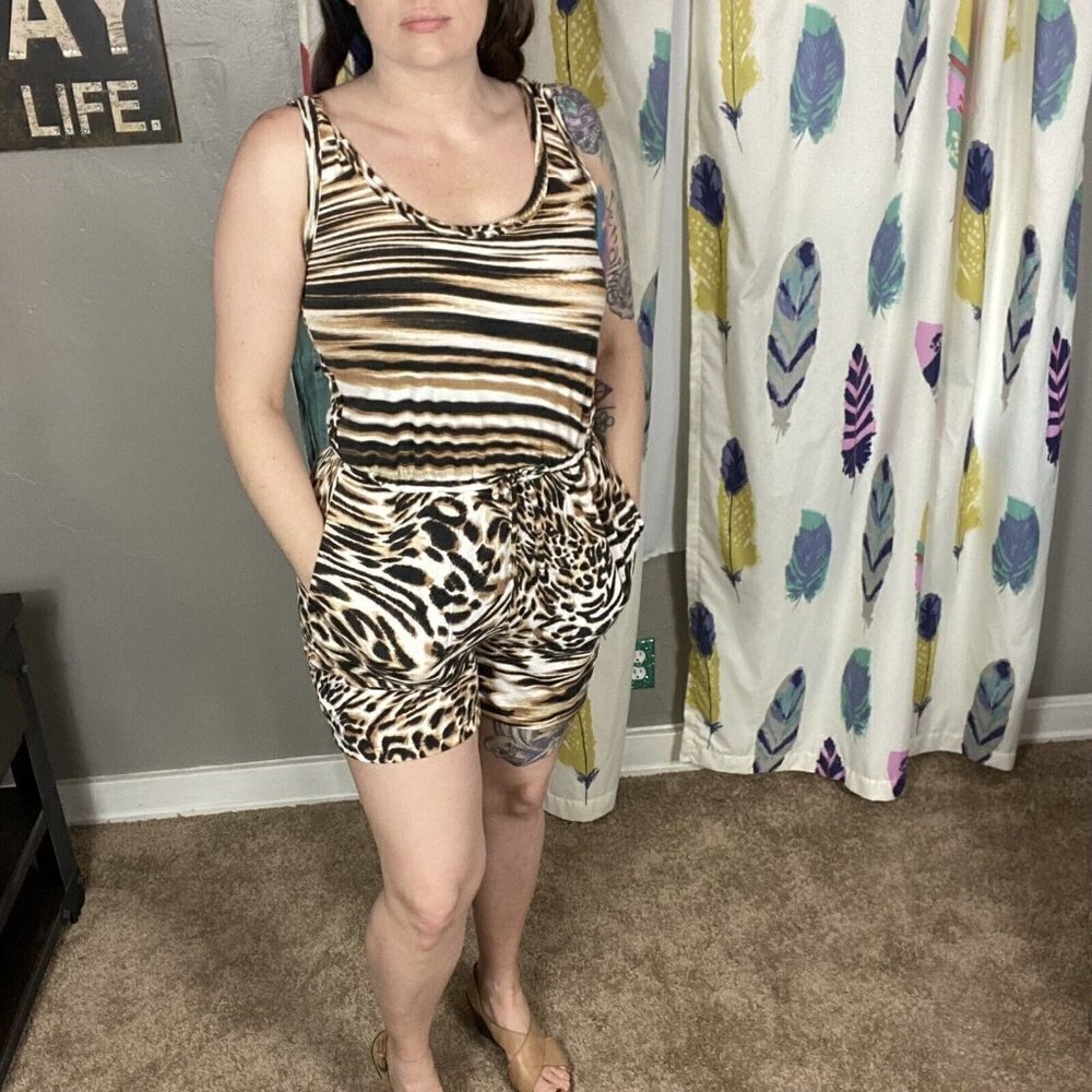 Beach Break mixed animal print romper. Leopard, cheetah, tiger. Sleeveless Sz M